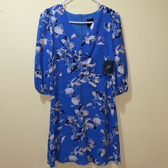 JH Collectibles Dresses & Skirts - Womens New JH Blue Floral Midi Zip V-Neck 3/4 Sleeves Dress